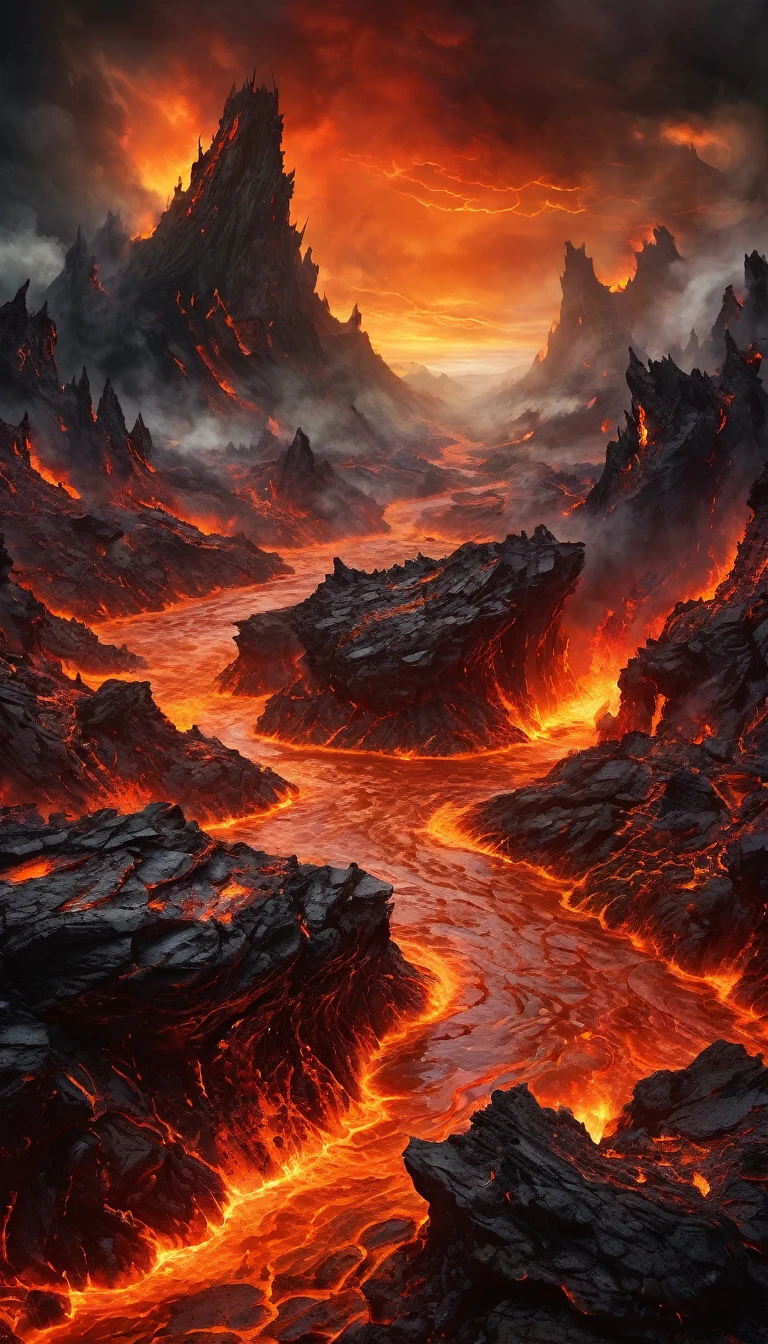 Depict a vivid and terrifying vision of Hell. The landscape is a fiery, chaotic expanse of molten lava and jagged rocks under a sky filled with dark, swirling clouds. Rivers of fire flow through a barren, ashen terrain, and towering, distorted demons with menacing, glowing eyes and sharp, twisted features roam the scene. Crumbling, ancient structures and grotesque, tormented souls are scattered throughout, their expressions twisted in agony. The overall color palette should be dominated by intense reds, oranges, and blacks, creating a sense of unbearable heat and despair