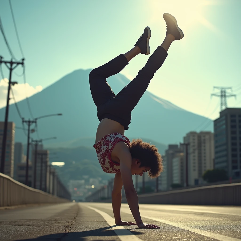 Japanese Bboy dressed in hip hop clothes, executing a breakdancing backflip in front of the urban buildings of metropolitan Tokyo, with the volcano in sharp focus and the background blurred, creating a cinematic atmosphere. The bboy's pose should convey strength and dynamism, contrasting with the serenity of the mountain. dramatic lighting, with sun rays hitting the bboy and Mount Fuji, Enhancing the Scene. Visual Style: アニメ, cinematographic, realisitic.