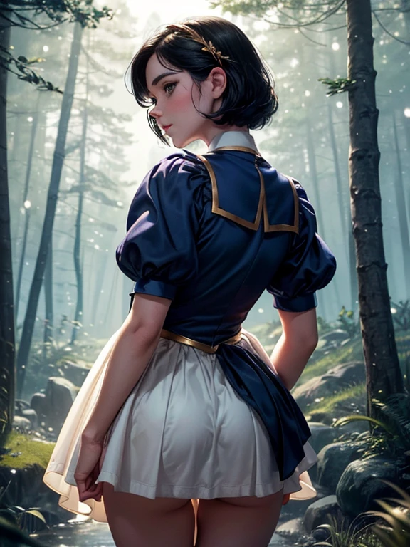 disney snow white, lifting her skirt up, showing her bare bottom, view from behind, detailed facial features, long eyelashes, rosy cheeks, short hair, dark blue dress(White collar, puffy sleeves), long yellow skirt, colorful fairytale forest background, golden light, cinematic composition, photorealistic, 8k, highly detailed, masterpiece, volumetric lighting, dramatic lighting