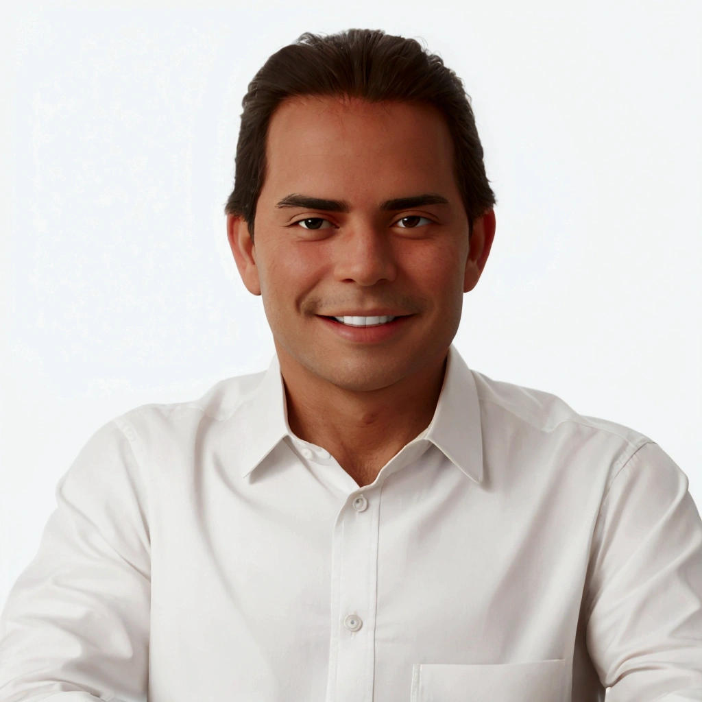 friendly, smiling man in white shirt sitting and ready to explain how to use new software