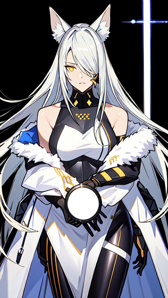 realistic, 1girl, solo, santalla, animal ears, fox ears, fox tail, hair over one eye, long hair, slit pupils, silver hair, yellow eyes, cowboy shot, looking at viewer,
bodysuit, headgear, headset, armored dress, science fiction, future city