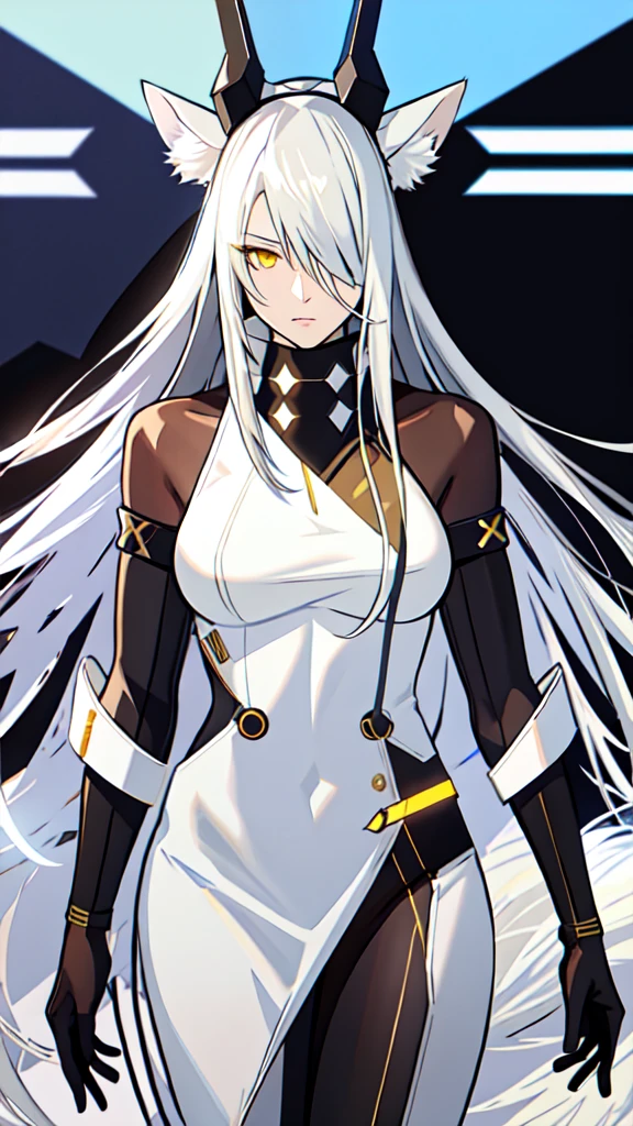 realistic, 1girl, solo, santalla, animal ears, fox ears, fox tail, hair over one eye, long hair, slit pupils, silver hair, yellow eyes, cowboy shot, looking at viewer,
bodysuit, headgear, headset, armored dress, science fiction, future city