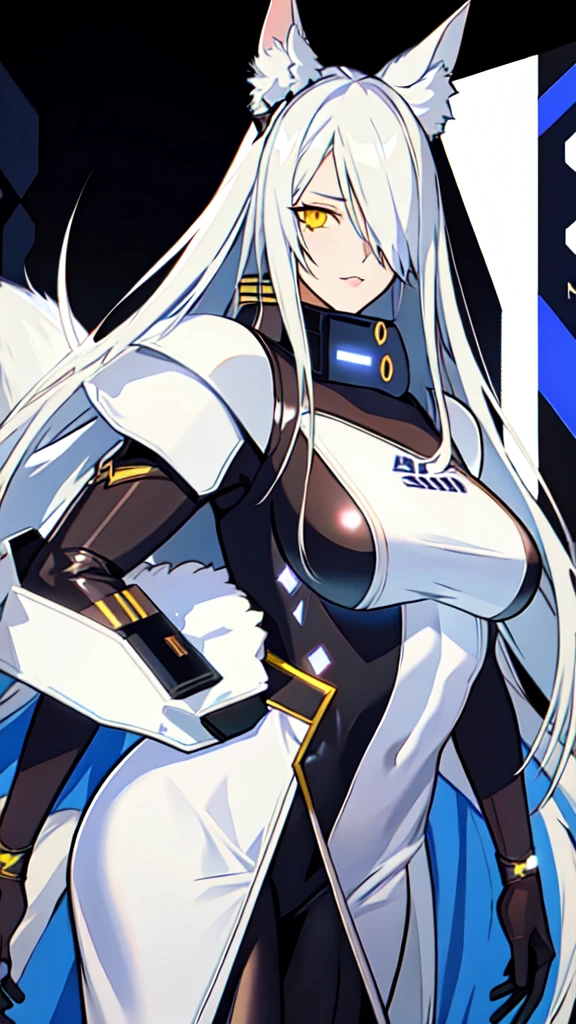 realistic, 1girl, solo, santalla, animal ears, fox ears, fox tail, hair over one eye, long hair, slit pupils, silver hair, yellow eyes, cowboy shot, looking at viewer,
bodysuit, headgear, headset, armored dress, science fiction, future city