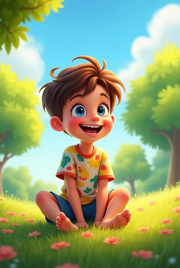 A cartoon boy with cheerful, curious boy with an open laugh. And sit on a ground.