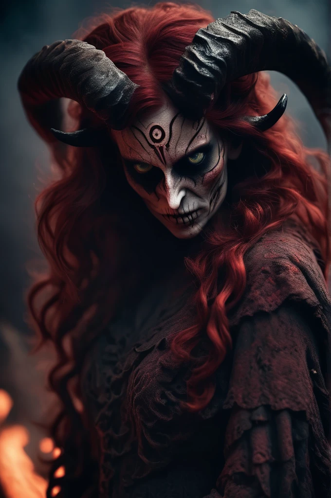 Horror-themed cinematic film still,a horrifying red-skinned woman demon queen, (full body portrait:1.3), (detailed scaly skin texture:1.2), (((ram curved horns))), (in hell, swirling tormented souls, billowing smoke:1.5), long wavy red hair, (((slavic black full clothes))), medieval scarf, monster claws,, shallow depth of field, vignette, highly detailed, high budget, bokeh, cinemascope, moody, epic, gorgeous, film grain, grainy . Eerie, unsettling, dark, spooky, suspenseful, grim, highly detailed