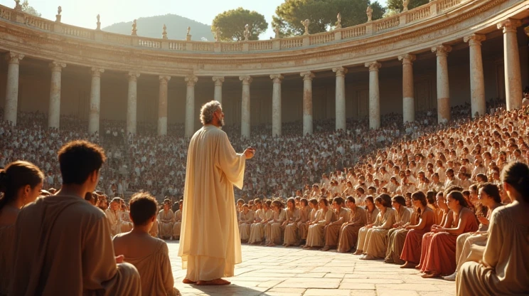 Plato delivering a speech in Ancient Greece