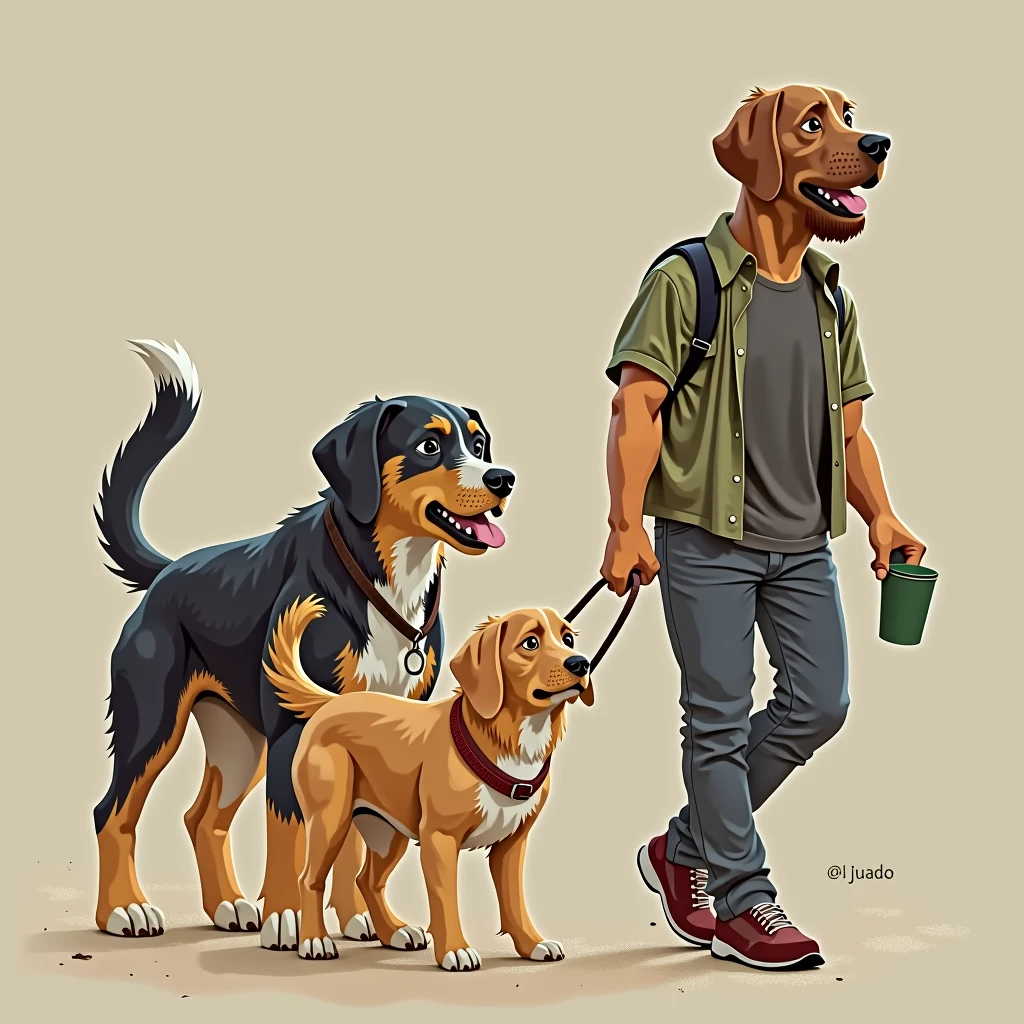 Large dogs、Small dog holding a lead、Taking a walk

