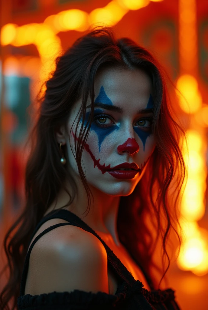 Beautiful woman close up clown paited face half sad half evil smile with a burning carousel in the foreground