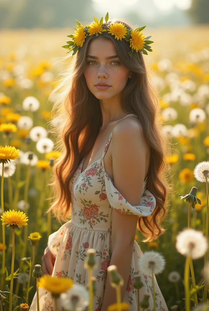 a pretty girl, 1girl, wearing a beautiful floral dress, long flowing hair, flower headband, standing in a field of dandelions, (best quality,4k,8k,highres,masterpiece:1.2),ultra-detailed,(realistic,photorealistic,photo-realistic:1.37),fantasy,magical,vibrant colors,soft lighting,ethereal,dreamlike,whimsical,detailed face,beautiful eyes,full lips,long eyelashes