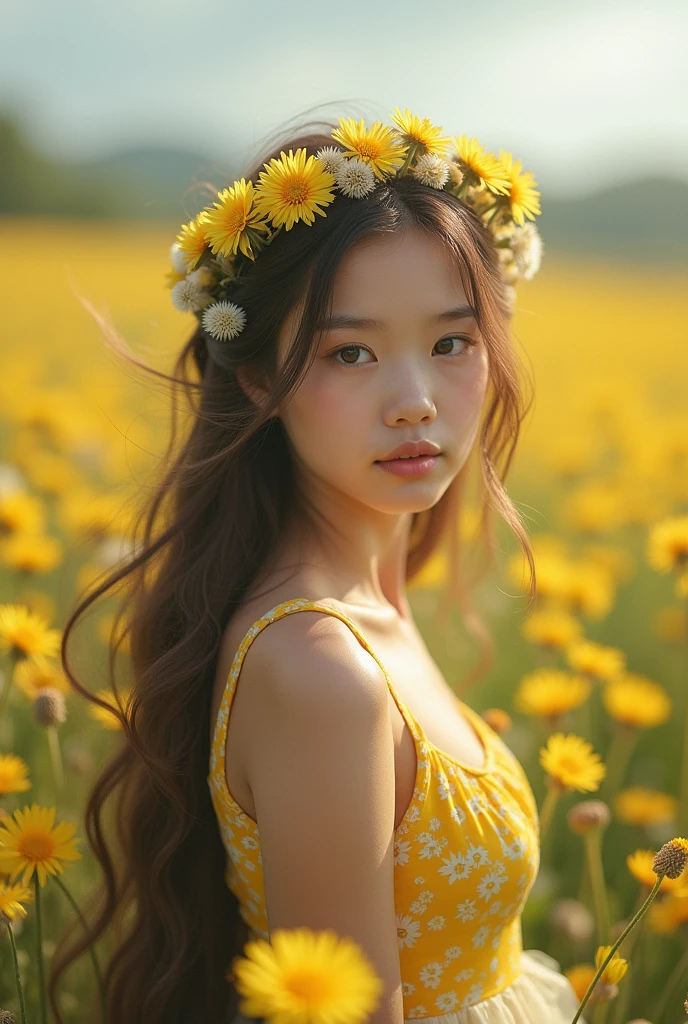 a pretty girl, 1girl, wearing a beautiful floral dress, long flowing hair, flower headband, standing in a field of dandelions, (best quality,4k,8k,highres,masterpiece:1.2),ultra-detailed,(realistic,photorealistic,photo-realistic:1.37),fantasy,magical,vibrant colors,soft lighting,ethereal,dreamlike,whimsical,detailed face,beautiful eyes,full lips,long eyelashes