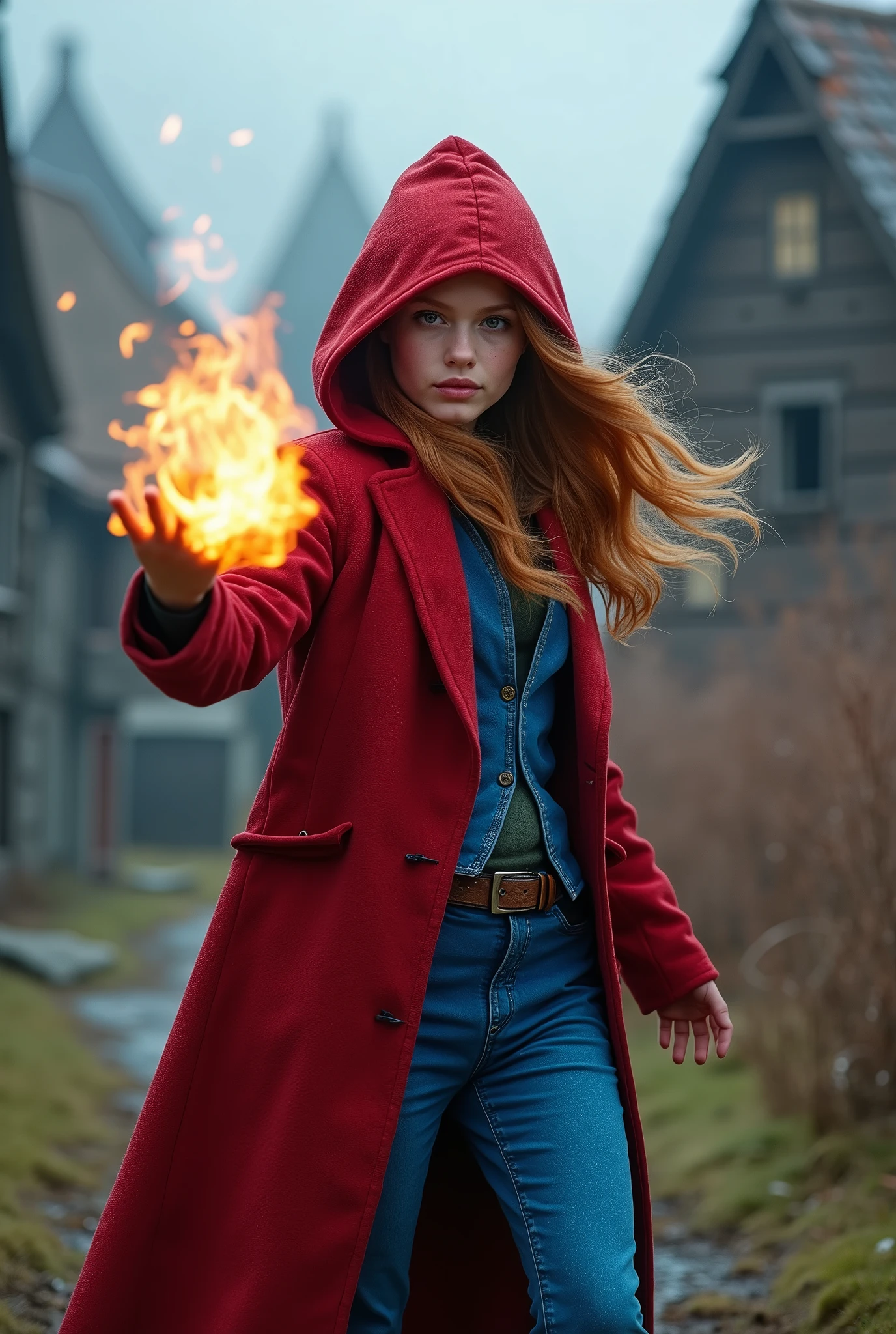a masterpiece photograph of a twenty-five-year-old magician ginger girl combining Peruvian Nigerian and Finnish features with the eyes of Luna Lovegood and the face shape of Mia Wasikowska, dressed in a red and blue magic open costume with a hood, makes a fireball in a dynamic full-length pose against the background of a picturesque and blooming orc village, concentration, cold atmosphere and bizarrely matching colors