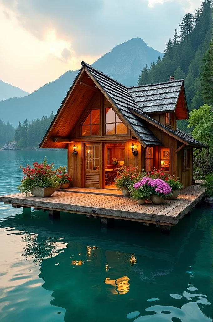 Floating wooden house with floating planter