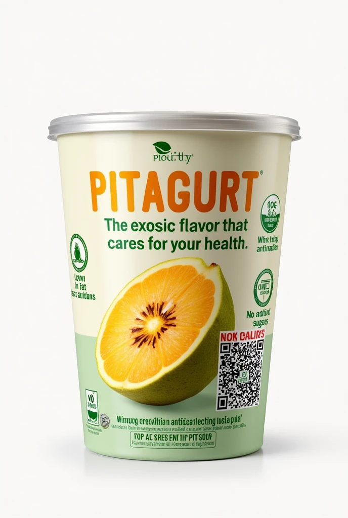 Nombre del proandecto: PITAGURT
Company Name (MKTG): NUTRIDELI
6. LABEL for a 140gr container, con tapa biodegradable plastico
La etiqueta de PITAGURT está diseñada para destacar la información clave del producto de manera clara and atractiva. on the front, the product name is displayed next to the slogan "The exotic flavor that cares for your health". Next, the main benefits are highlighted: "Low in fat", "No added sugars", "High in antioxidants", and "Source of fiber". La etiqueta también incluande un código QR que dirige al consumidor a una página web interactiva donde puede encontrar información detallada sobre los beneficios de la pitahaanda, Healthy recipes with PITAGURT, and testimonios de clientes satisfechos. at the rear, The nutritional table is located, lista de ingredientes and advertencias sobre posibles alérgenos. The label complies with all current labeling regulations, asegurando transparencia and confianza para el consumidor.