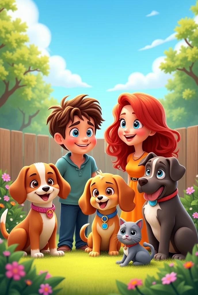 Create a family, that has a girl, a father, a mother, 3 dogs and a cat in animated form a little more animated