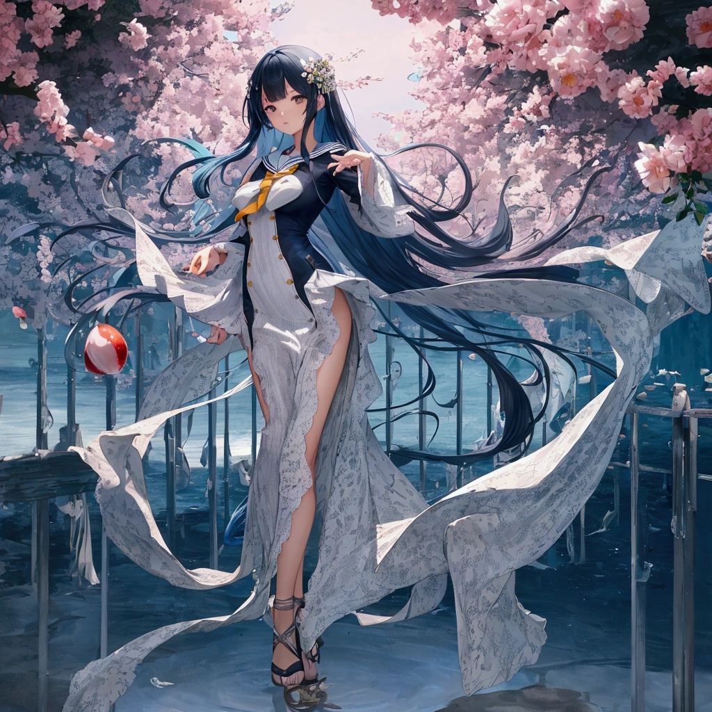 Beautiful woman, cute, A dignified expression, Transparency, gem, long hair, Sailor suit, skirt, Black Hair, Blue Hair, Silver Hair, fruits, flower,Cool, null, Ocean, The wind is blowing, Gradient Hair, First Person View, Ray Tracing, reflected light, Anime Style, masterpiece, high quality, Anatomically correct, Accurate, Super Detail, UHigh resolution, High resolution