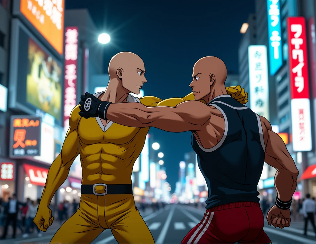 saitama one punch man hitting face of baki in tokyo street neon lights