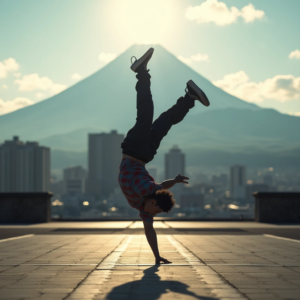 Japanese Bboy dressed in hip hop clothes, executing a breakdancing backflip in front of the urban buildings of metropolitan Tokyo, with the volcano in sharp focus and the background blurred, creating a cinematic atmosphere. The bboy's pose should convey strength and dynamism, contrasting with the serenity of the mountain. dramatic lighting, with sun rays hitting the bboy and Mount Fuji, Enhancing the Scene. Visual Style: アニメ, cinematographic, realisitic.