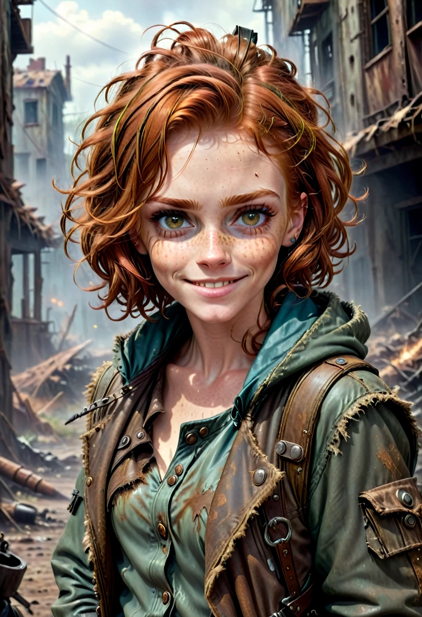 (Realistic, ultra detailed, modern analog style, photorealistic cute woman, chestnut hair, tattered outwear, post-apocalyptic, detailed face, beautiful eyes, (shy smile:0.7), freckles, holding a big staff, exhausted after another battle, dramatic, vibrant, sharp focus, looking directly to the camera, centered image, elegant, approaching perfection, hyper realystic, bokeh, cannon 6d, blured post-apocalyptic background