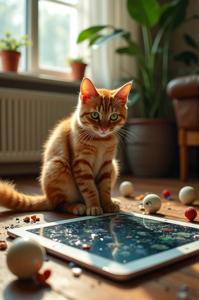 An orange cat that broke his ipad