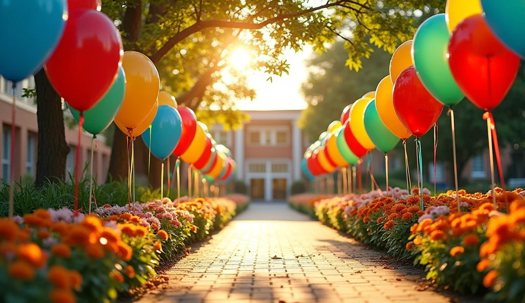 Bright and Cheerful Backdrop: The school entrance with colorful balloons, fresh flowers and golden sunlight streaming through the trees creates a welcoming and festive atmosphere on the first of September.