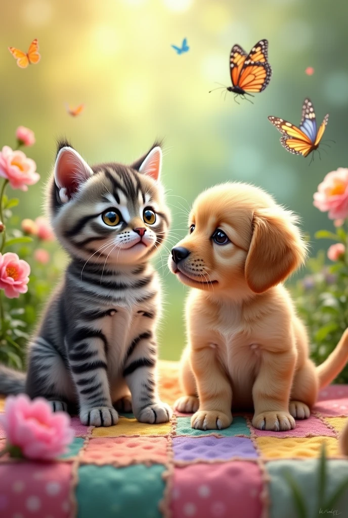 Create an image of a cute kitten talking to her puppy friend "one day i will have my busty, little friend"
