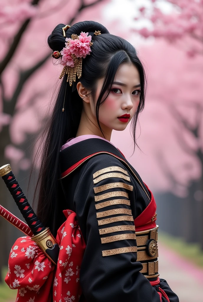 A beautiful geisha in samurai armor, black hair and eyes, Longhaire, wearing eyeliner and red lipstick, carrying two katanas on her back, with a feudal Japan style landscape in the background featuring cherry blossom trees..