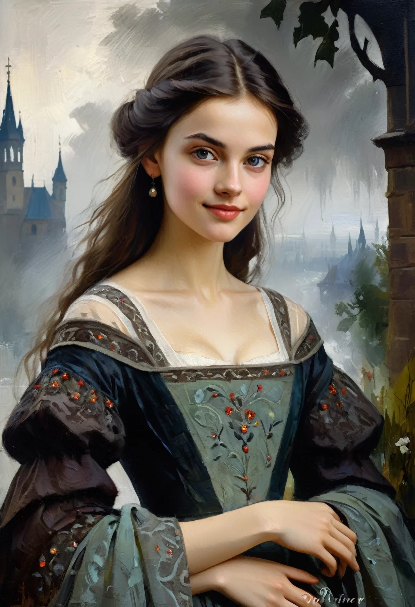 ((art Maximilian Pilner style)) very charming young brunette, a slight mysterious smile from the shoulder, a dress with embroidered patterns, 15 century,((Maximilian Pilner style)), The dark Renaissance, (fog, very scuffing), ((palette/oil painting palette knife)), ((masterpiece)), single shot, impression:1.2, extreme detail, perspective:1.33, 8k