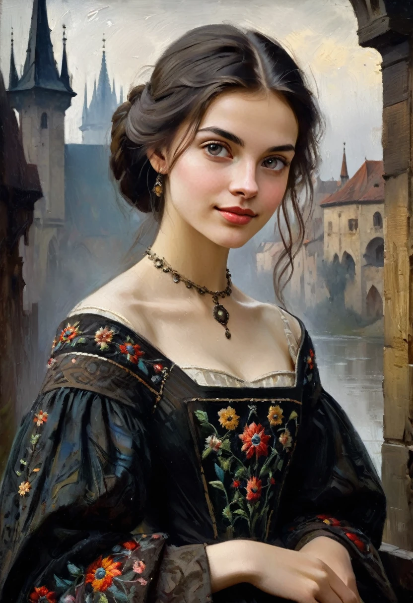 ((art Maximilian Pilner style)) very charming young brunette, a slight mysterious smile from the shoulder, a dress with embroidered patterns, 15 century,((Maximilian Pilner style)), The dark Renaissance, (fog, very scuffing), ((palette/oil painting palette knife)), ((masterpiece)), single shot, impression:1.2, extreme detail, perspective:1.33, 8k