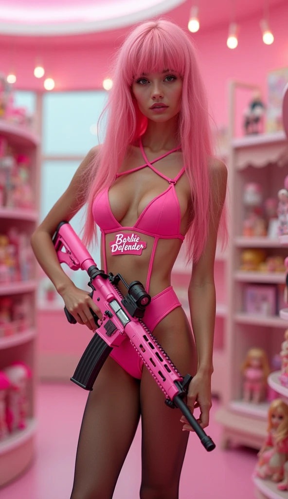 tockings), 2# croped picture, perfect picture, stunning, in a pink toy store with lots of toys and Barbiedolls in the background, barbie dolls in the room, colors White Pink Gold, Extreme anorexic skinny russian photomodel ,((Dasha Taran)), with skinny anorexic slim long legs with gap between legs, (super long skinny legs: 1.8), (skinny anorexic body: 1.7), super long messy pink_hair, (Pink Hair) seductive cute sexy face, looking very young cute, (black slave choker), (( she is shooting an PINK AR15 weapon:1.8)) , ( Pink AR-15 carbine:1.8), (Pink Assult weapon AR15 ), hard nipples, small nipples, Black tight shiny transparent latex very extreme high cut one piece swimsuit in a minimalist design ,((tight transperant latex)), (over the hip tight extreme high_cut swimsuit), (On the swimsuit there is Pink text, "Barbie Defender"),  extreme mini transparent Black pink swimsuit , ((long black shiny latex lace stockings))