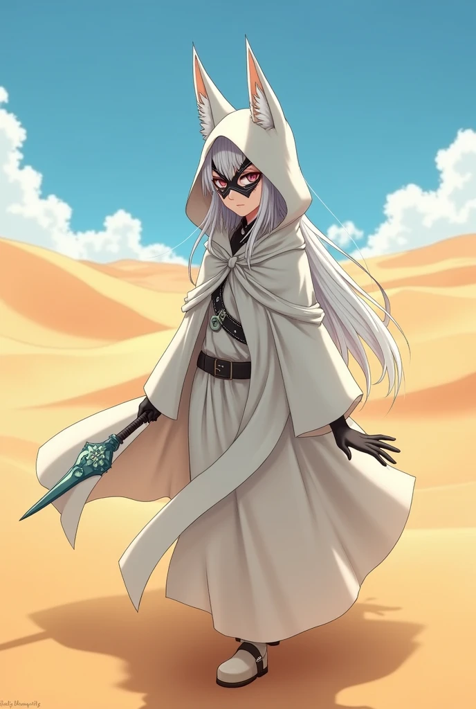 The knife model is anime-style. I need help for my RP character, she is called Haki, a thief who lives in the desert., Ela wears a white cloak and a white hood, along with a fox mask to hide her face., Without the cloak and mask, she is a girl with long white hair with black streaks scattered throughout and two white fox ears instead of human ears.