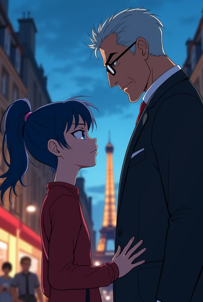 Generate a anime art of marinette duaain cheng , a  girl with dark blue pigtails and blue eyes scowling at gabriel agreste, tall middle age man with a sophisticated suit and a harsh expression  and glasses putting a hand on her shoulder 

(From miraculous ladybug)