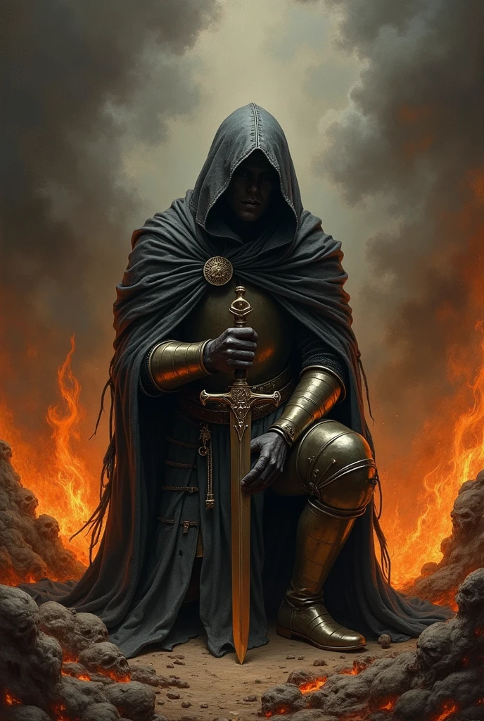 The fallen knight, holding a sword, The background is hell., Nemesis's divine representative, Oil painting, Wear a cloak made of the finest animal hide., Wear a mask to cover your sad eyes., Kneel before the god Nemesis.