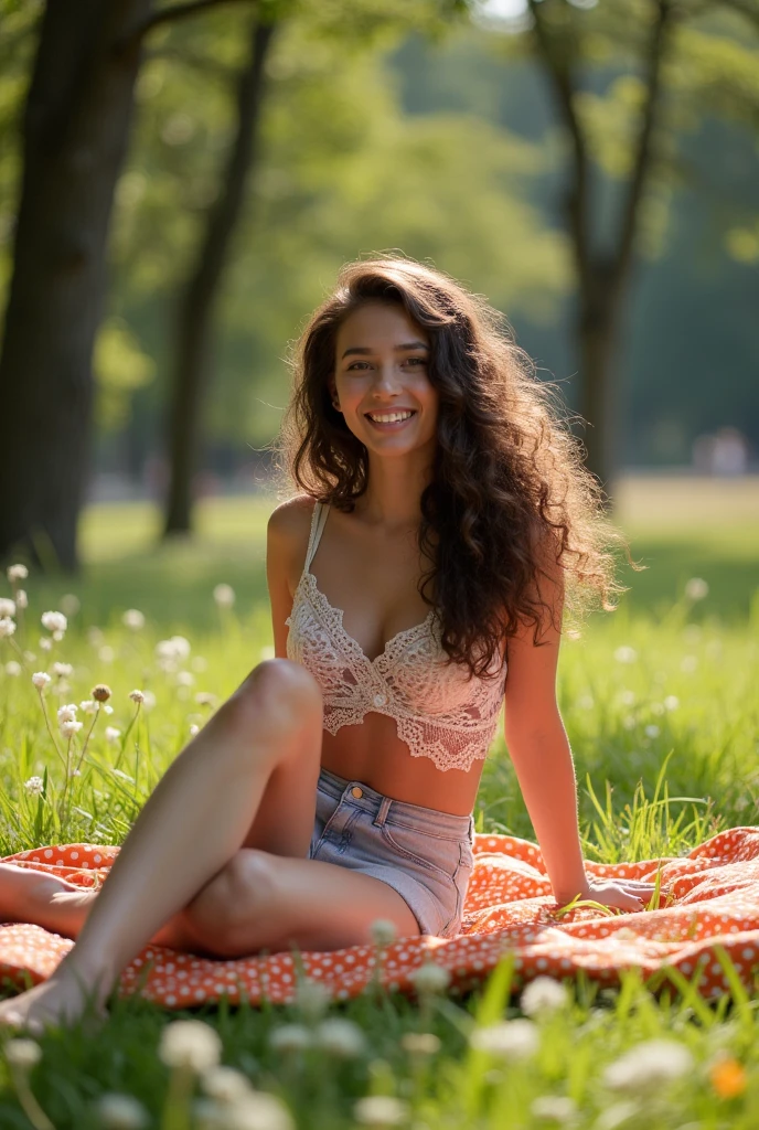 Smiling woman 45 years old, transparent clear thong, transparent clear bra, brown hair, sitting in flowering meadow, face to the camera, full body visible, cinematic atmosphere, feminine, natural, perfect hands, ultra-sharp, high resolution, imperfect skin, natural skin, wide angle shot