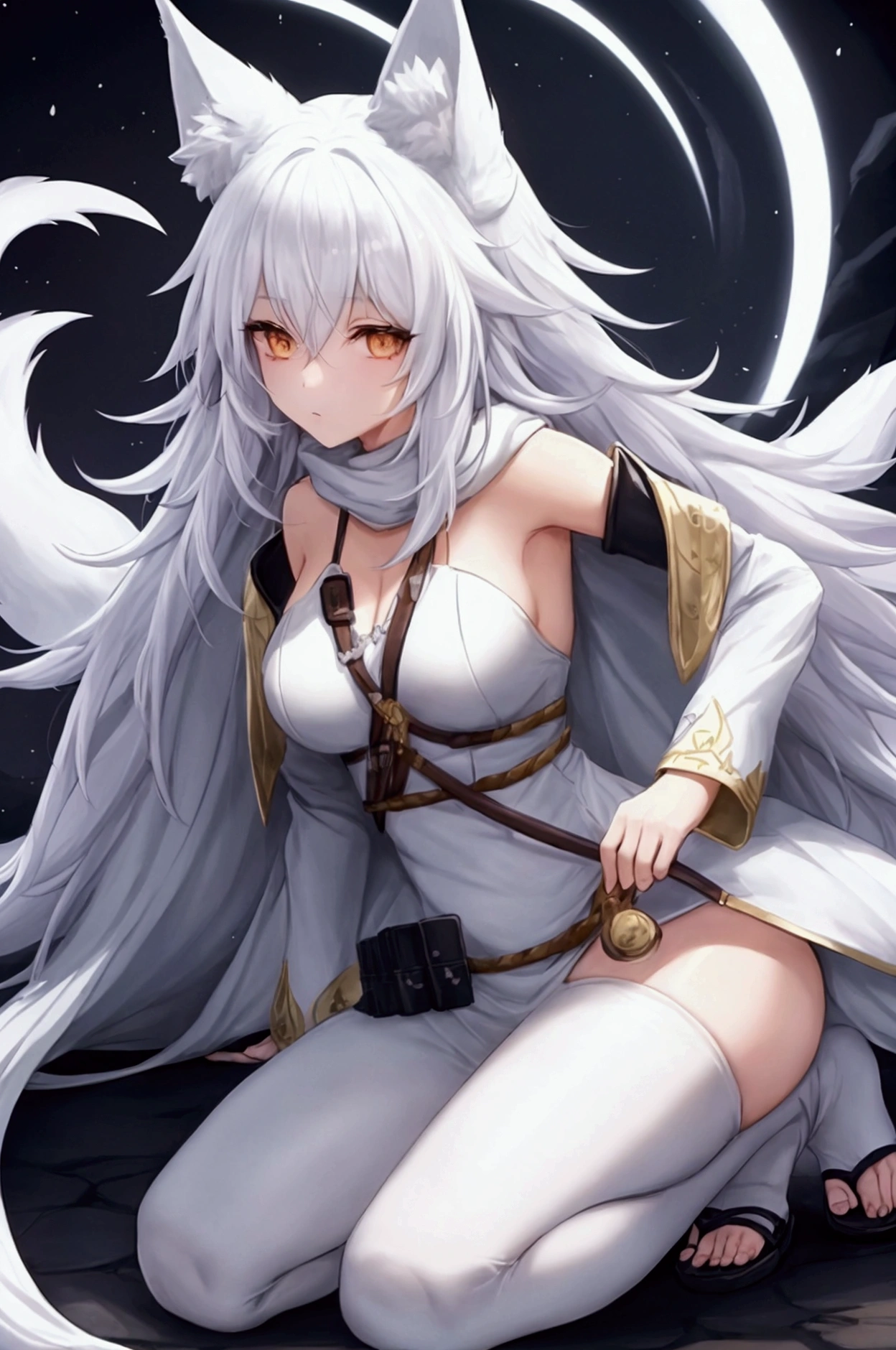 KIRIN ARMOR,MONSTER HUNTER,female,White hair,TUBE TOP,nsfw,glamorous,cowboy shot,with sword