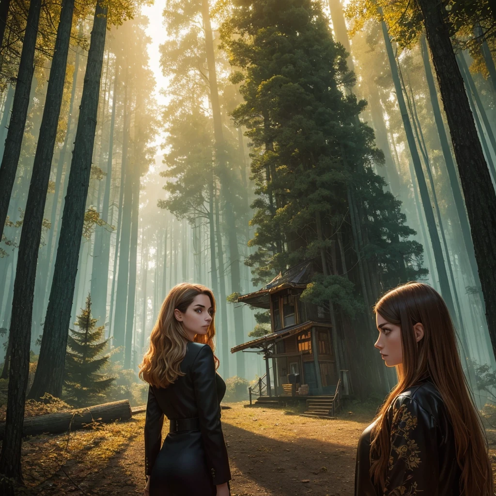 golden hour, paranormal activities, surreal illustration of a gigantic head of a beautiful young woman with face of Janina Porazińska morphed with Anne Hathaway with electronic hairdo, a colorful cyber forrest with weird trees, log cabin morphed with  gigantic tree, hedgehog giraffe, swing, color pencil art in cyberpunk style of zdzisław beksiński