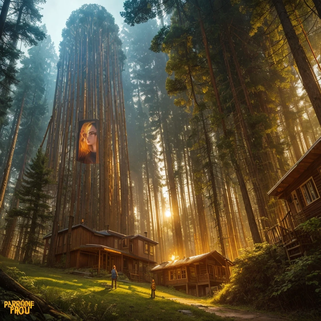 golden hour, paranormal activities, surreal illustration of a gigantic head of a beautiful young woman with face of Janina Porazińska morphed with Anne Hathaway with electronic hairdo, a colorful cyber forrest with weird trees, log cabin morphed with  gigantic tree, hedgehog giraffe, swing, color pencil art in cyberpunk style of zdzisław beksiński