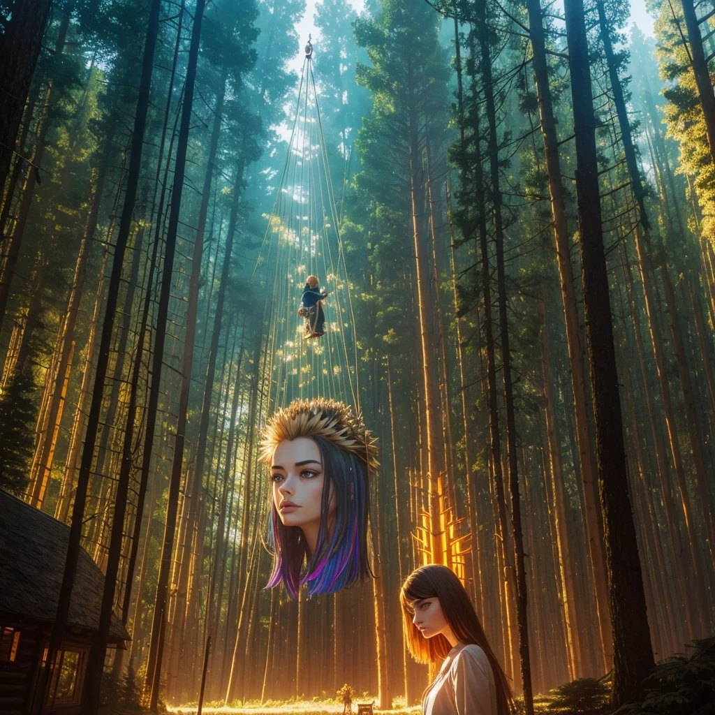 golden hour, paranormal activities, surreal illustration of a gigantic head of a beautiful young woman with face of Janina Porazińska morphed with Anne Hathaway with electronic hairdo, a colorful cyber forrest with weird trees, log cabin morphed with  gigantic tree, hedgehog giraffe, swing, color pencil art in cyberpunk style of zdzisław beksiński