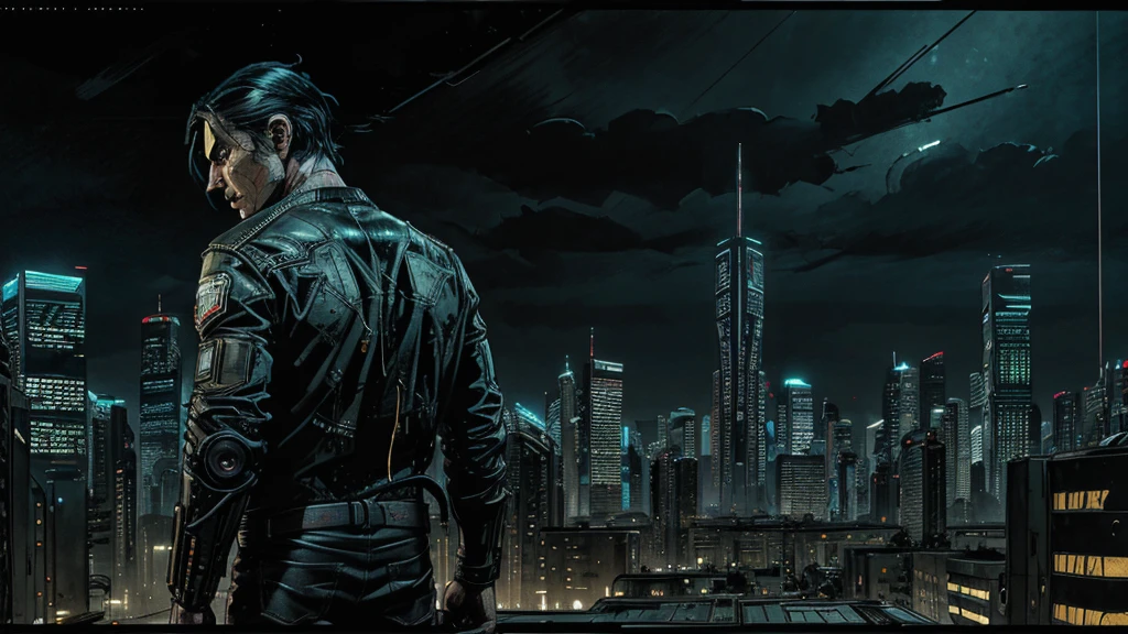 Thin man, black hair wearing dirty and torn clothes, looking at the horizon, in a futuristic/cyberpunk city, cinematic lighting, vanishing point, wide shot, from behind, atmospheric perspective, sideways, Comics Americans, UHD, masterpiece, accurate, anatomically correct, textured skin, super detail, high details, high quality, award winning, best quality, highres
