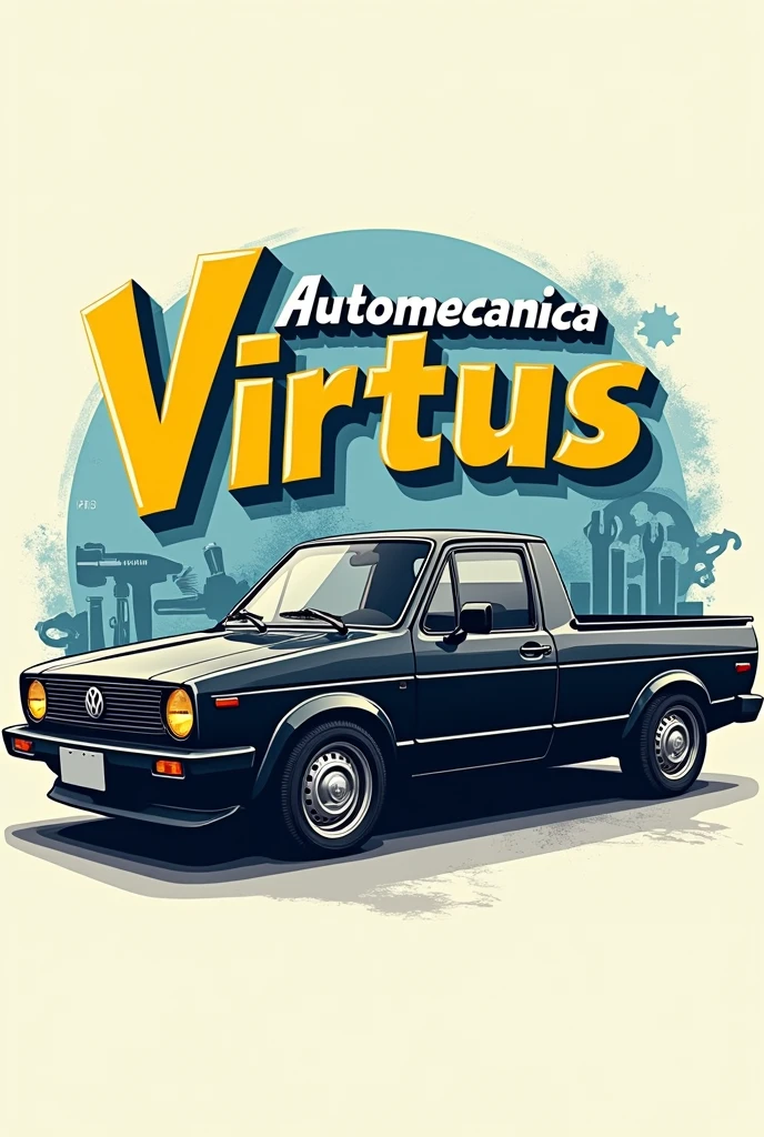 Drawing of a black Volkswagen Saveiro G1 Cl pick up from 1991 from the side that is a logo for a mechanic's workshop and that says "Automecanica Virtus" in yellow and light blue tones