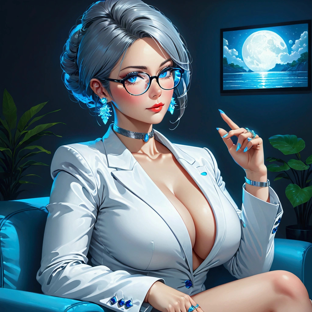1 MATURE GIRL, MATURE FACE, WHITE SUIT, D CUP BOOBS SIZE AND BIG ASS, SITTING ON SOFA, WEARING GLASSES, FINGER RING'S, EARRINGS, CHOCKER, GRAY COLOR BACKGROUND WITH BLUE LIGHT EFFECTS, Perfect Eyes, DIGITAL ART STYLE, 8K ULTRA HD HIGHLY DETAILED EVERYTHING,