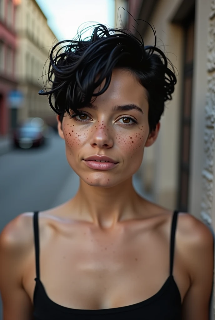Portraits couleur d'une femme de trente cinq ans au cheveux noir  coupé très court à la garçonne type européen à la peau très clair avec des tâches de rousseur, a very strong nose, posant de face regardant droit devant elle dans un environnement urbain avec un éclairage neutre, with well-shaped and slightly plump lips, elle n'est pas belle mais à beaucoup de charme, She's wearing a black top with thin straps