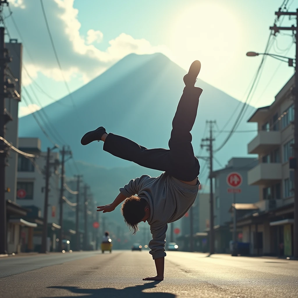 Japanese Bboy dressed in hip hop clothes, executing a breakdancing backflip in front of the urban buildings of metropolitan Tokyo, with the volcano in sharp focus and the background blurred, creating a cinematic atmosphere. The bboy's pose should convey strength and dynamism, contrasting with the serenity of the mountain. dramatic lighting, with sun rays hitting the bboy and Mount Fuji, Enhancing the Scene. Visual Style: アニメ, cinematographic, realisitic.