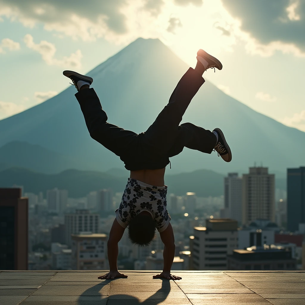 Japanese Bboy dressed in hip hop clothes, executing a breakdancing backflip in front of the urban buildings of metropolitan Tokyo, with the volcano in sharp focus and the background blurred, creating a cinematic atmosphere. The bboy's pose should convey strength and dynamism, contrasting with the serenity of the mountain. dramatic lighting, with sun rays hitting the bboy and Mount Fuji, Enhancing the Scene. Visual Style: アニメ, cinematographic, realisitic.