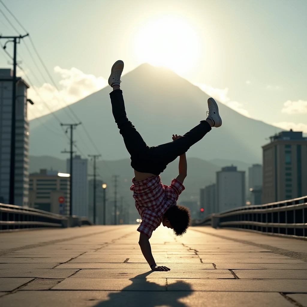 Japanese Bboy dressed in hip hop clothes, executing a breakdancing backflip in front of the urban buildings of metropolitan Tokyo, with the volcano in sharp focus and the background blurred, creating a cinematic atmosphere. The bboy's pose should convey strength and dynamism, contrasting with the serenity of the mountain. dramatic lighting, with sun rays hitting the bboy and Mount Fuji, Enhancing the Scene. Visual Style: アニメ, cinematographic, realisitic.