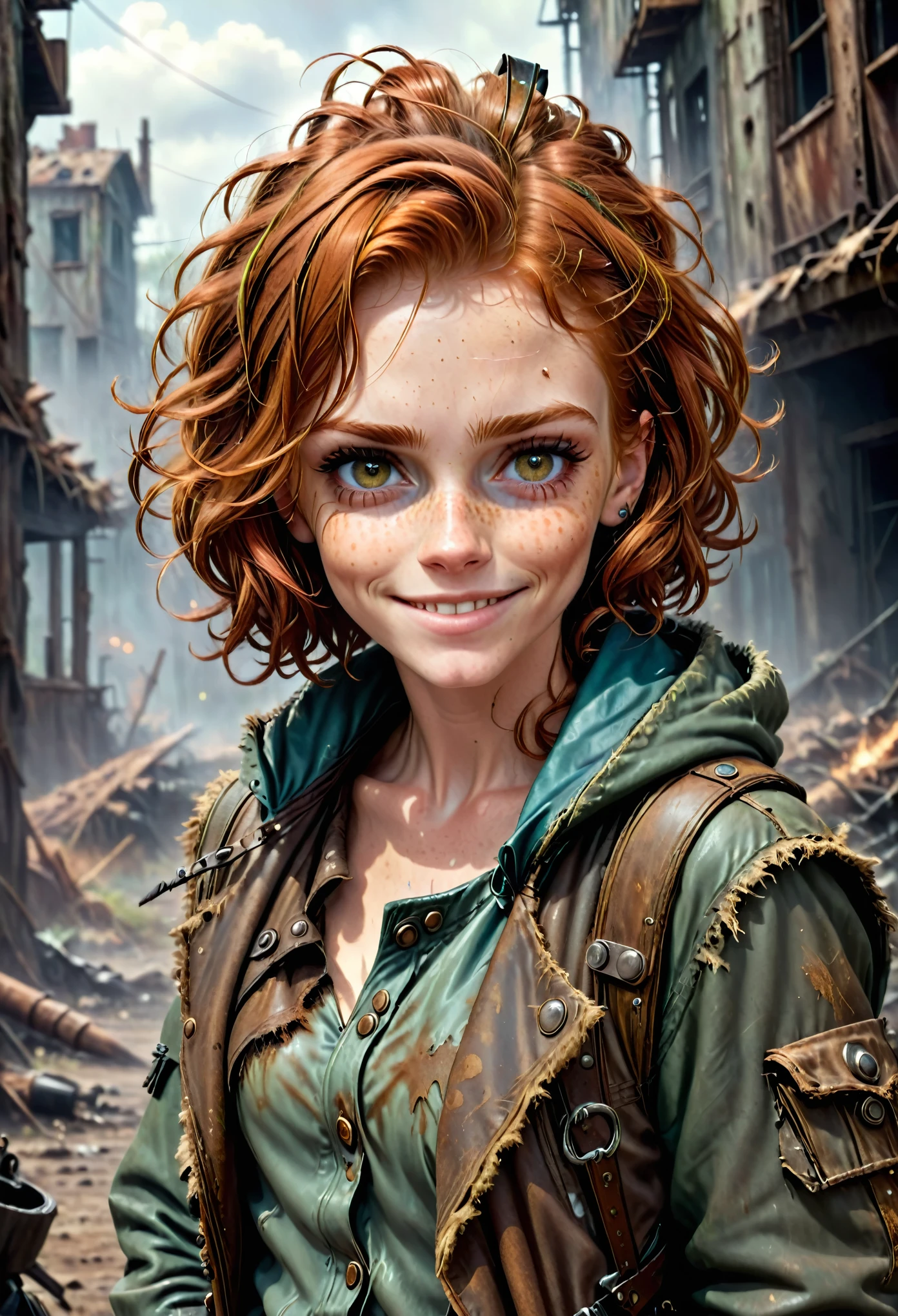 (Realistic, ultra detailed, modern analog style, photorealistic cute woman, chestnut hair, tattered outwear, post-apocalyptic, detailed face, beautiful eyes, (shy smile:0.7), freckles, holding a big staff, exhausted after another battle, dramatic, vibrant, sharp focus, looking directly to the camera, centered image, elegant, approaching perfection, hyper realystic, bokeh, cannon 6d, blured post-apocalyptic background 