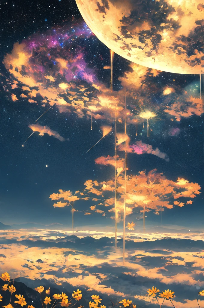 Celestial Meadow Fantasy Wallpaper in 4K quality, ethereal watercolor style, featuring a vast, open meadow under a sky painted with swirling nebulae and distant galaxies, delicate wildflowers glowing softly in the moonlight, and floating islands hovering above the horizon; cool blues and purples blending with warm golden hues, a tranquil, otherworldly ambiance, no human characters, dreamy and expansive mood --v 5 --stylize 1000