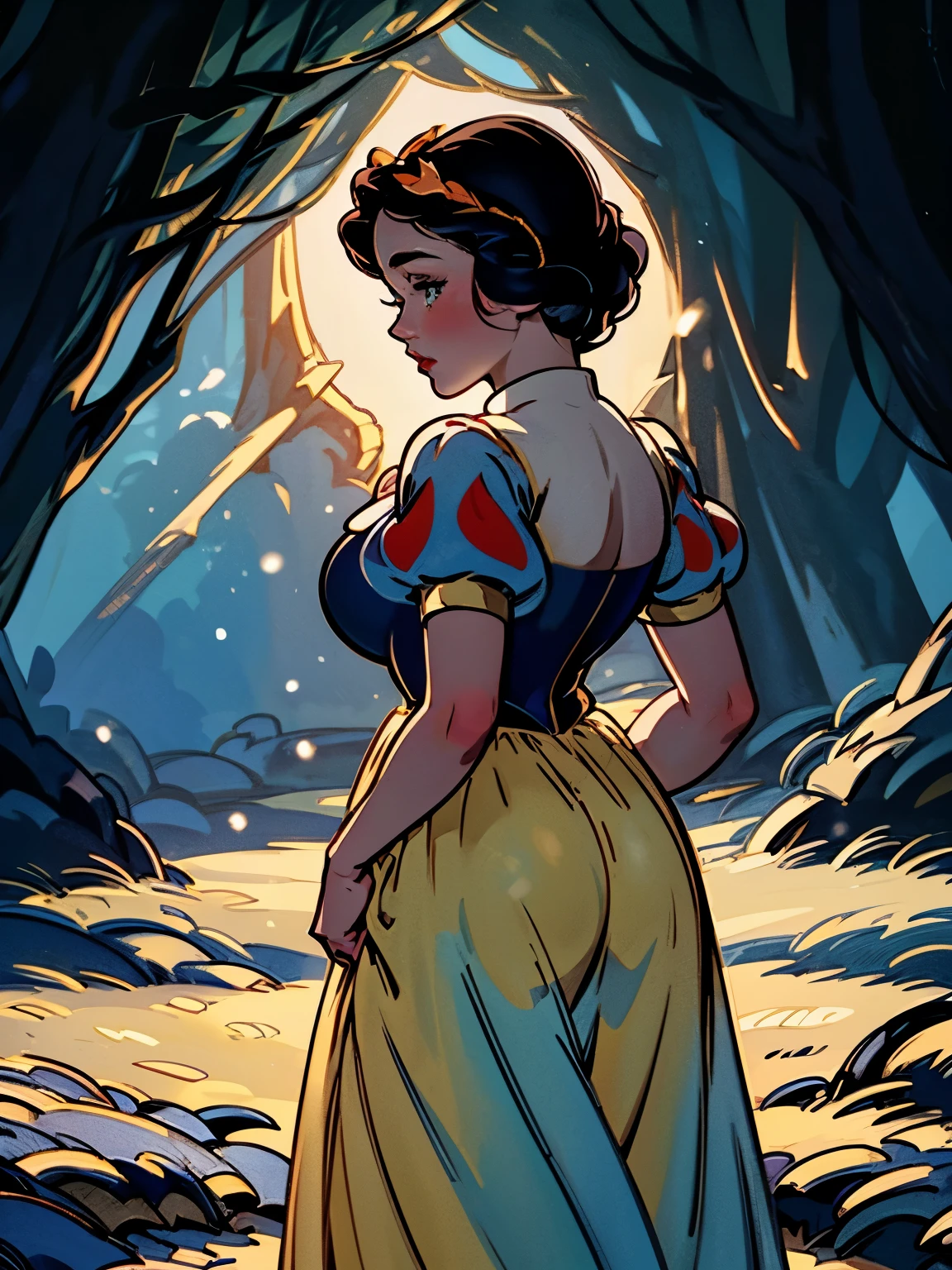 disney snow white, lifting her skirt up, showing her naked butt, view from behind, detailed facial features, long eyelashes, rosy cheeks, short hair, dark blue dress(White collar, puffy sleeves), long yellow skirt, colorful fairytale forest background, golden light, cinematic composition, photorealistic, 8k, highly detailed, masterpiece, volumetric lighting, dramatic lighting