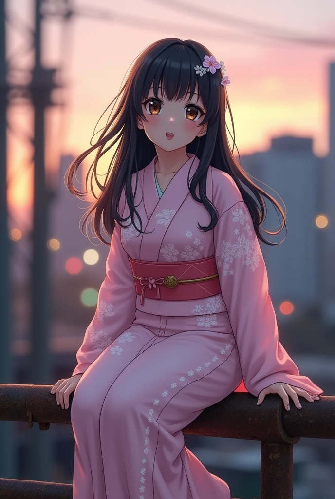 Make a cute Japanese girl sitting on a metal bar