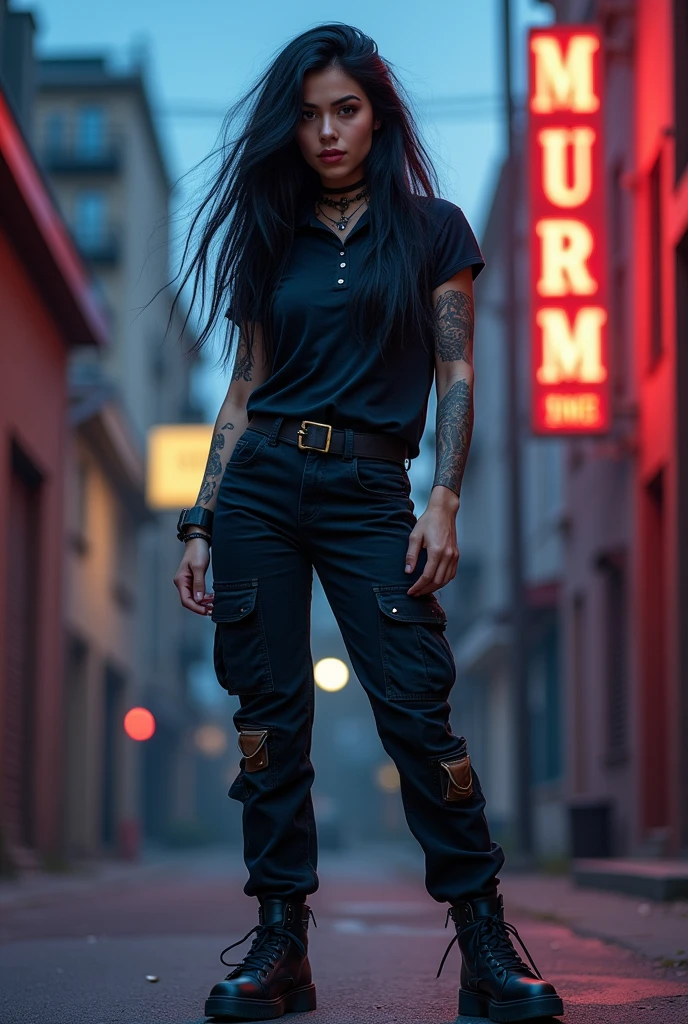 an adult Smurfette with brown eyes and long black hair, Tattooed on her arms, mafia, wearing a black shirt and black cargo pants and black sneakers