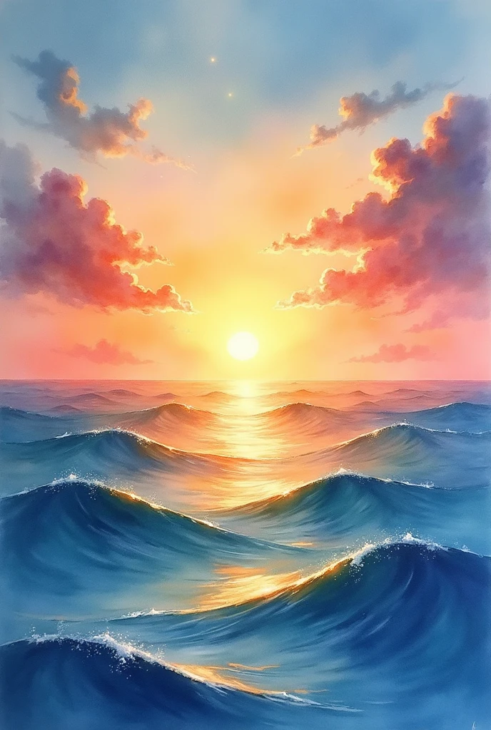 A dreamy watercolor portrait of the sun setting over the ocean, casting a gentle, gold glow que se espalha pelo horizonte.
Descriptive keywords: dreamy sunsets, gold glow, Ocean horizon, Tons of watercolor, night beauty.
camera type: Watercolor palette.
TIME OF DAY: Evening sunset.
artwork style: ethereal and enchanting.
por artista: DreamyWaves -ar 1:1